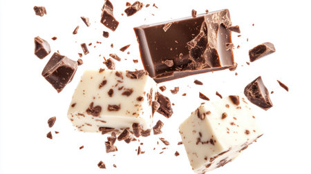 Milk and chocolate chunks suspended in the air, captured in a moment of motion on a white background.の素材