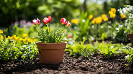 Spring flowers being potted in the garden, vibrant colors standing out against the rich earth and green surroundings.の素材