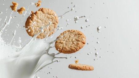 Milk splattering as cookies fly through the air on a white backdrop, creating an action-packed snack moment.の素材