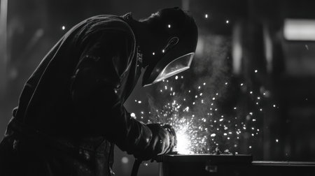 Welder at work, sparks flying as they operate an arc welder, highlighting the intensity and skill of the taskの素材