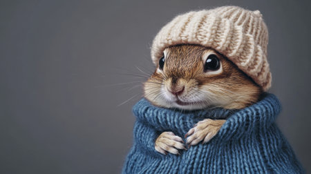 A charming chipmunk dressed in a cozy sweater and hat captures the essence of warmth and comfort. Perfect for themes of winter and cuteness.の素材