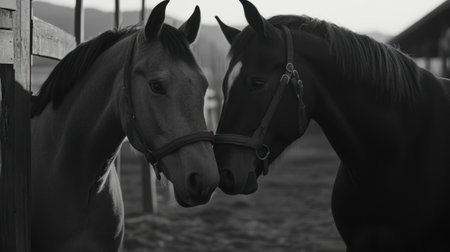 Two horses share a gentle moment in a serene black and white setting, capturing their bond and tranquility in a rustic environment.の素材