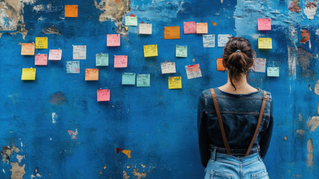 A woman in casual clothing stands before a blue wall covered with colorful sticky notes. This scene captures a moment of reflection and inspiration, perfect for creative planning themes.の素材