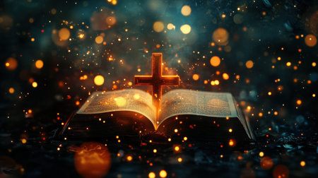 A captivating image of an open Bible illuminated by warm light, featuring a cross symbol above. This artwork evokes feelings of spirituality and devotion.の素材