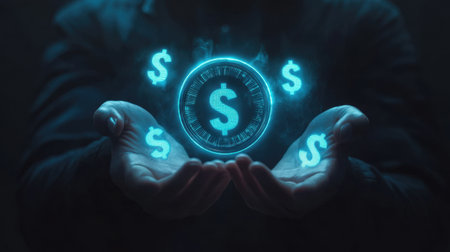Hands holding a digital currency symbol representing wealth and finance, symbolizing the future of banking and investment in a virtual economy.の素材