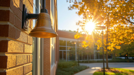 A beautiful bell hangs on a brick wall, basking in warm sunlight. Autumn leaves surround the scene, creating a tranquil and inviting atmosphere.の素材