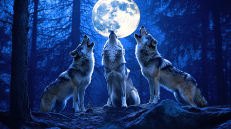 A captivating scene of wolves howling under a bright full moon, surrounded by a dark forest. Their silhouettes and the moonlight create a mystical ambiance.の素材