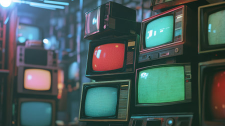 A captivating arrangement of vintage televisions showcases vibrant colors and retro designs, evoking nostalgia and a unique artistic charm in any setting.の素材