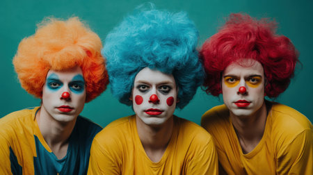 Three clowns with colorful wigs and playful makeup pose together. Their vibrant costumes and expressive faces create a lively and joyful atmosphere. Perfect for themes of fun and entertainment.の素材