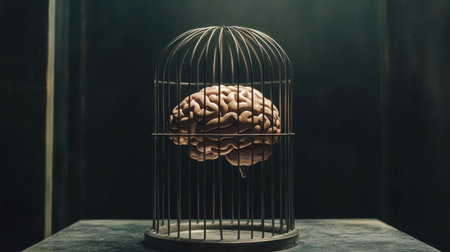 A brain enclosed in a metallic cage, illustrating mental limitations and the inability to think beyond set boundaries, symbolizing constrained creativityの素材