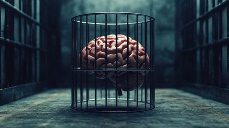 A brain trapped in a strong metal cage, visualizing the inability to expand beyond set boundaries and constraintsの素材