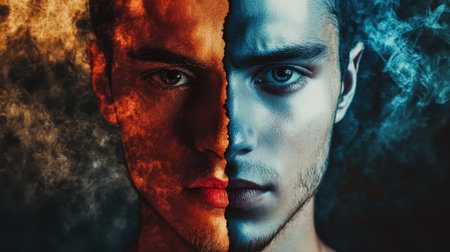 A person divided into contrasting halves, representing the balance between internal turmoil and external pressuresの素材