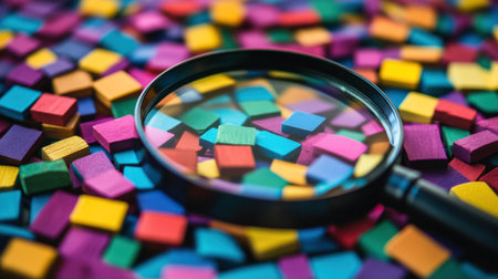 A magnifying glass zeroing in on colorful shapes, each symbolizing distinct stakeholders, representing project planning insightの素材