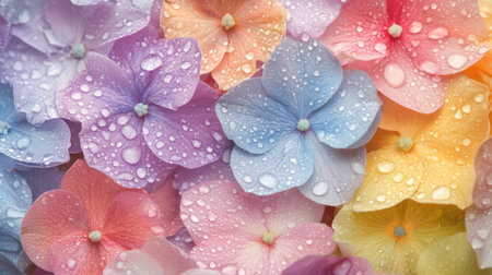 Close-up of colorful spring flowers covered in fresh raindrops, creating a soft, blurred background and dewy effectの素材