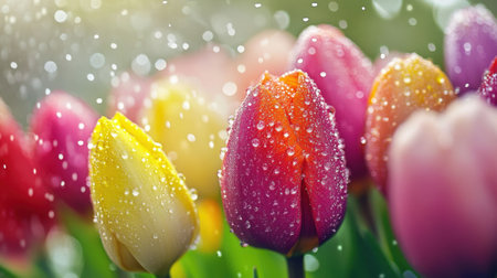 Close-up of colorful spring flowers covered in fresh raindrops, creating a soft, blurred background and dewy effectの素材
