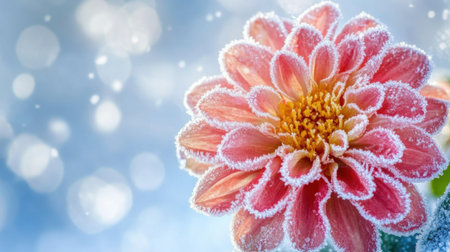 Close-up of frozen flower covered in frost, with snowy background softly blurred, capturing winter beautyの素材