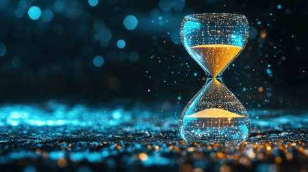 Hourglass with falling sand morphing into icons of progress and innovation, symbolizing the strategic use of timeの素材