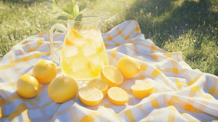 Lemonade pitcher on a bright picnic blanket with fresh lemons, perfect summer drink under sunny skies in the parkの素材