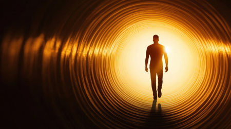 Figure of a man emerging from shadowed tunnel into light, conveying resilience and transformationの素材