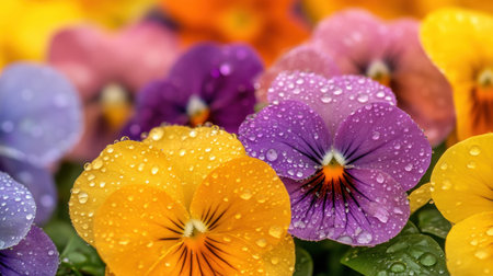 Close-up of colorful spring flowers covered in fresh raindrops, creating a soft, blurred background and dewy effectの素材