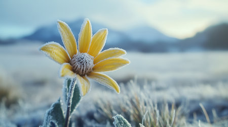 Frost-covered flower in sharp focus against blurred winter scenery, symbolizing resilience in natureの素材