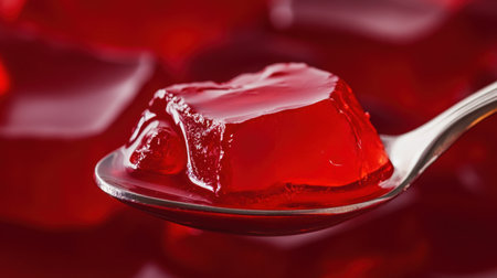 Close-up of spoonful of red jello, focus centered on the jelly, perfect capture of its enticing texture and colorの素材