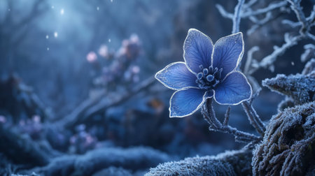Icy flower highlighted in winter landscape, surrounded by frosted branches in selective focusの素材