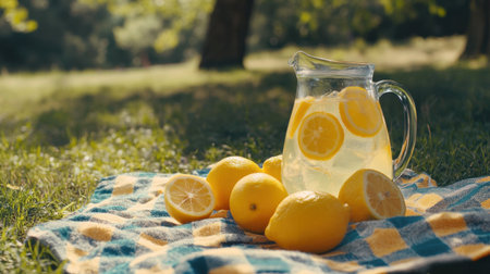 Lemonade pitcher on a bright picnic blanket with fresh lemons, perfect summer drink under sunny skies in the parkの素材