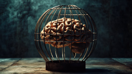 Metallic cage surrounding a brain, representing mental restriction and the challenge of expanding past current limits in thoughtの素材