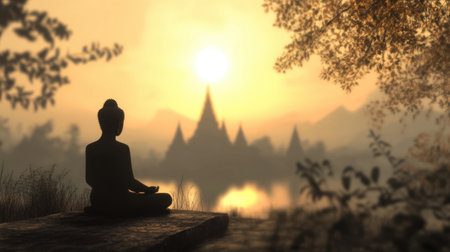 Peaceful Buddha figure at sunset in sepia, with distant, blurred temple, an homage to Waisak Day and introspectionの素材