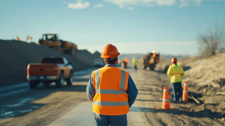 Road crew using signs and signals to direct traffic safely, ensuring a secure and organized flow near construction zonesの素材