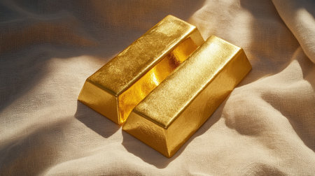 Shining gold bars on fabric with financial graph background, representing wealth preservation and trading successの素材