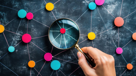 Stakeholder analysis represented by a magnifying glass focusing on varied shapes, showing the importance of identifying project influencersの素材