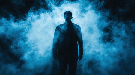 Silhouette of a mysterious person surrounded by smoky mist in dark blue hues, evoking an eerie, conceptual moodの素材