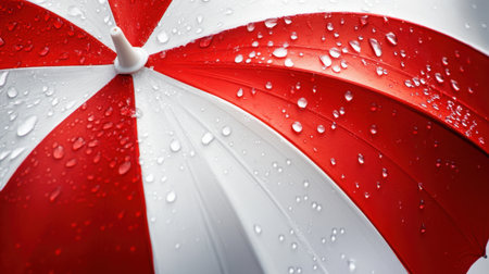 Stylish red and white umbrella with raindrops glistening, a symbol of protection and resilience under rainy skiesの素材