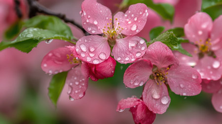Springtime blossoms adorned with raindrops, soft blurred background adding depth and serenity to the fresh sceneの素材