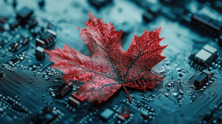 Red maple leaf merging with digital circuitry, representing harmony between nature and technology in a futuristic landscapeの素材