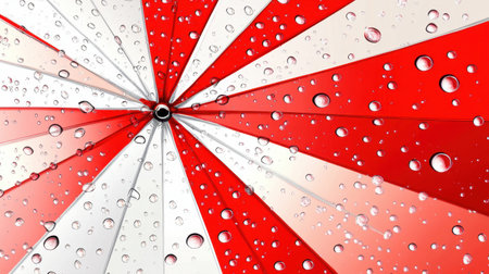Stylish umbrella with water droplets, red and white design conveying resilience and shelter during rainy daysの素材