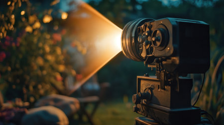 Vintage projector casting light in a garden, surrounded by cozy seating, evoking the charm of summer outdoor moviesの素材