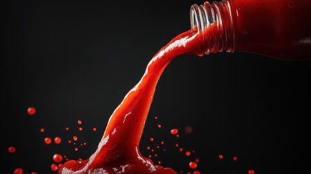 Stream of tomato ketchup descending from a bottle, vividly red against a black background, emphasizing bold flavorの素材