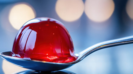 Shiny red jelly on a spoon, focused sharply in the center, with blurred background creating a tempting dessert visualの素材