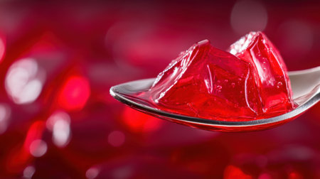 Spoonful of vibrant red jelly with selective focus, middle area crisp and edges blurred, emphasizing textureの素材