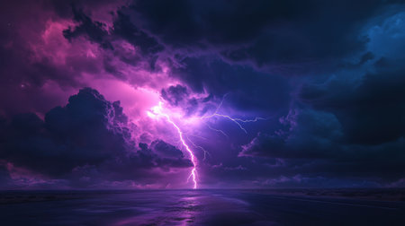 A stunning display of natural power, this image captures a dramatic lightning strike illuminating dark clouds above calm ocean waters, showcasing the beauty of nature.の素材