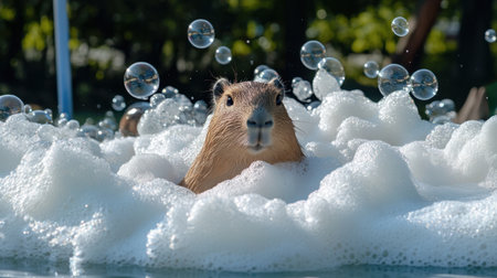 A cute capybara peeking out from foamy bubbles, creating a lighthearted scene perfect for lifestyle or animal care contentの素材
