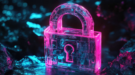 A glowing lock in digital hand overlay, symbolizing cybersecurity in data protection and IT security. Great for tech blogs and transformation visualsの素材