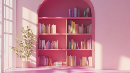 A charming pink bookshelf filled with colorful books sits in a bright room, illuminated by natural light. A potted plant adds freshness to the cozy space.の素材