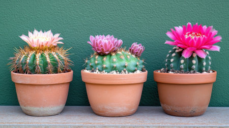 A stunning arrangement of colorful cacti in terracotta pots set against a green wall. Perfect for adding a touch of nature and vibrancy to any space.の素材