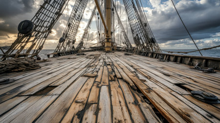 A captivating view of a wooden deck on a nautical vessel, showcasing intricate textures and a dramatic sky filled with clouds. Perfect for maritime themes.の素材
