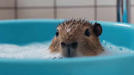 A cute capybara enjoys bath time, peeking out of a blue tub filled with bubbles. This adorable moment showcases its playful and cozy nature.の素材