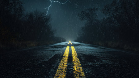 A desolate road glistens under heavy rain, with lightning illuminating the stormy sky. This atmospheric scene captures the beauty and mystery of nature's power.の素材